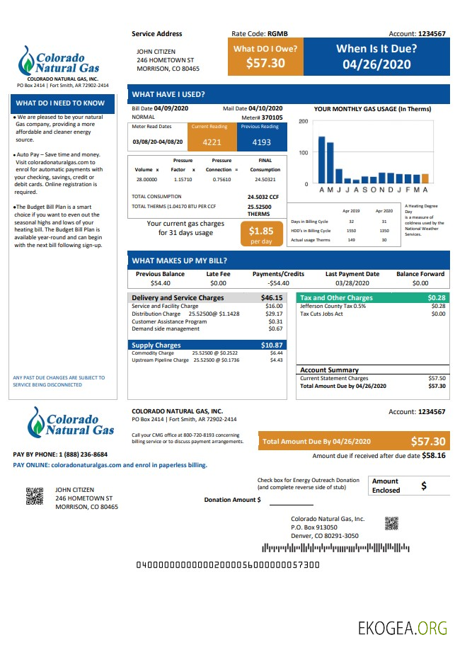 USA Colorado Natural Gas utility bill template in Word and PDF format